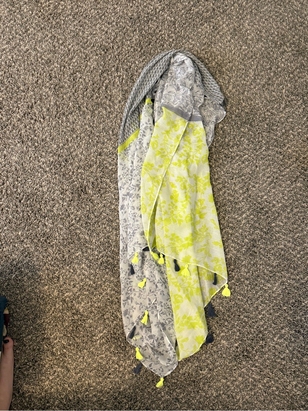 Floral Tassel Wrap Scarf in Neon Yellow and Gray